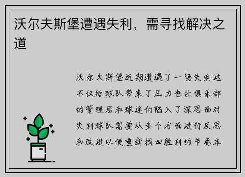 沃尔夫斯堡遭遇失利，需寻找解决之道
