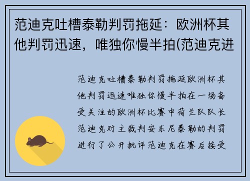 范迪克吐槽泰勒判罚拖延：欧洲杯其他判罚迅速，唯独你慢半拍(范迪克进球视频)