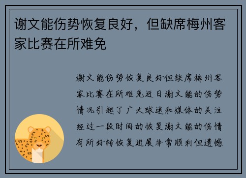 谢文能伤势恢复良好，但缺席梅州客家比赛在所难免