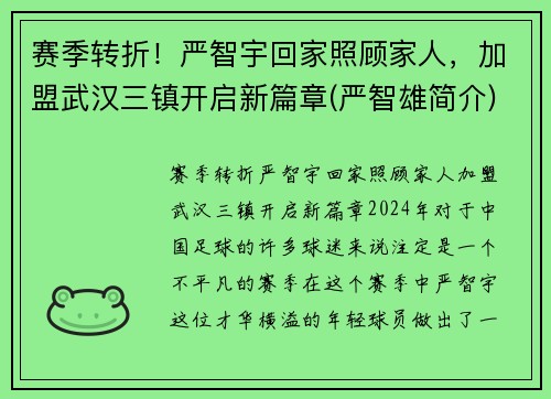 赛季转折！严智宇回家照顾家人，加盟武汉三镇开启新篇章(严智雄简介)